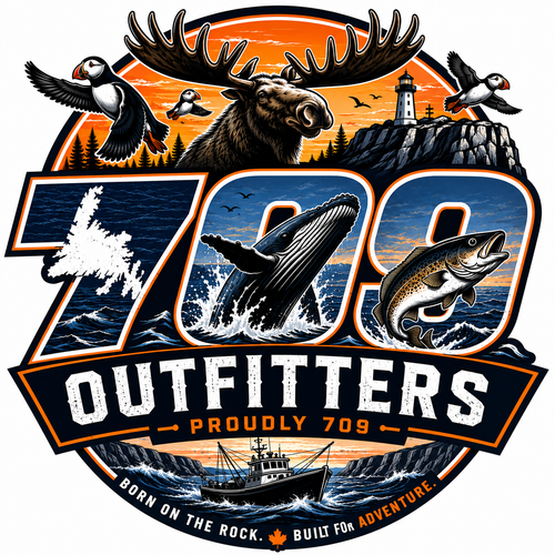 709 Outfitters Logo T-Shirt design featuring moose, puffins, whale, salmon, lighthouse and fishing boat