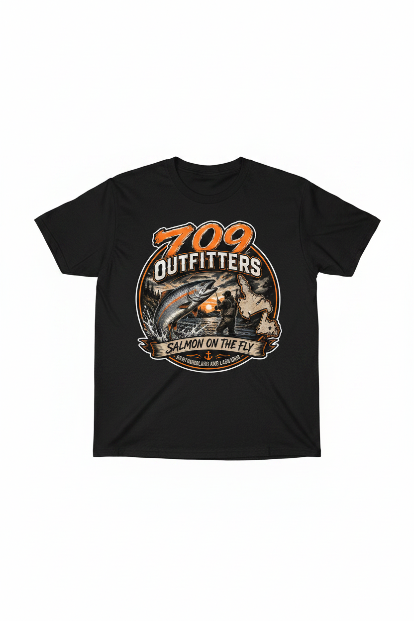 Black t-shirt with Salmon On The Fly logo