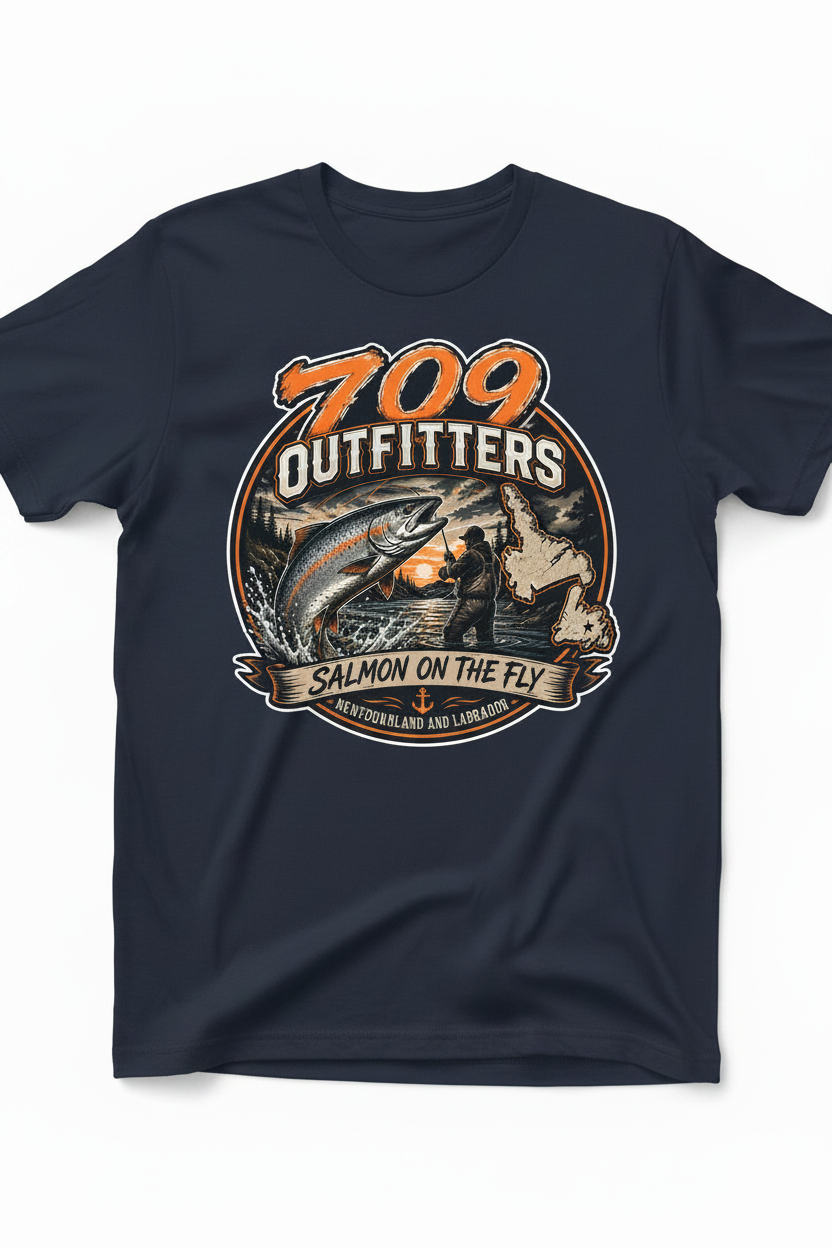 Navy t-shirt with Salmon On The Fly logo