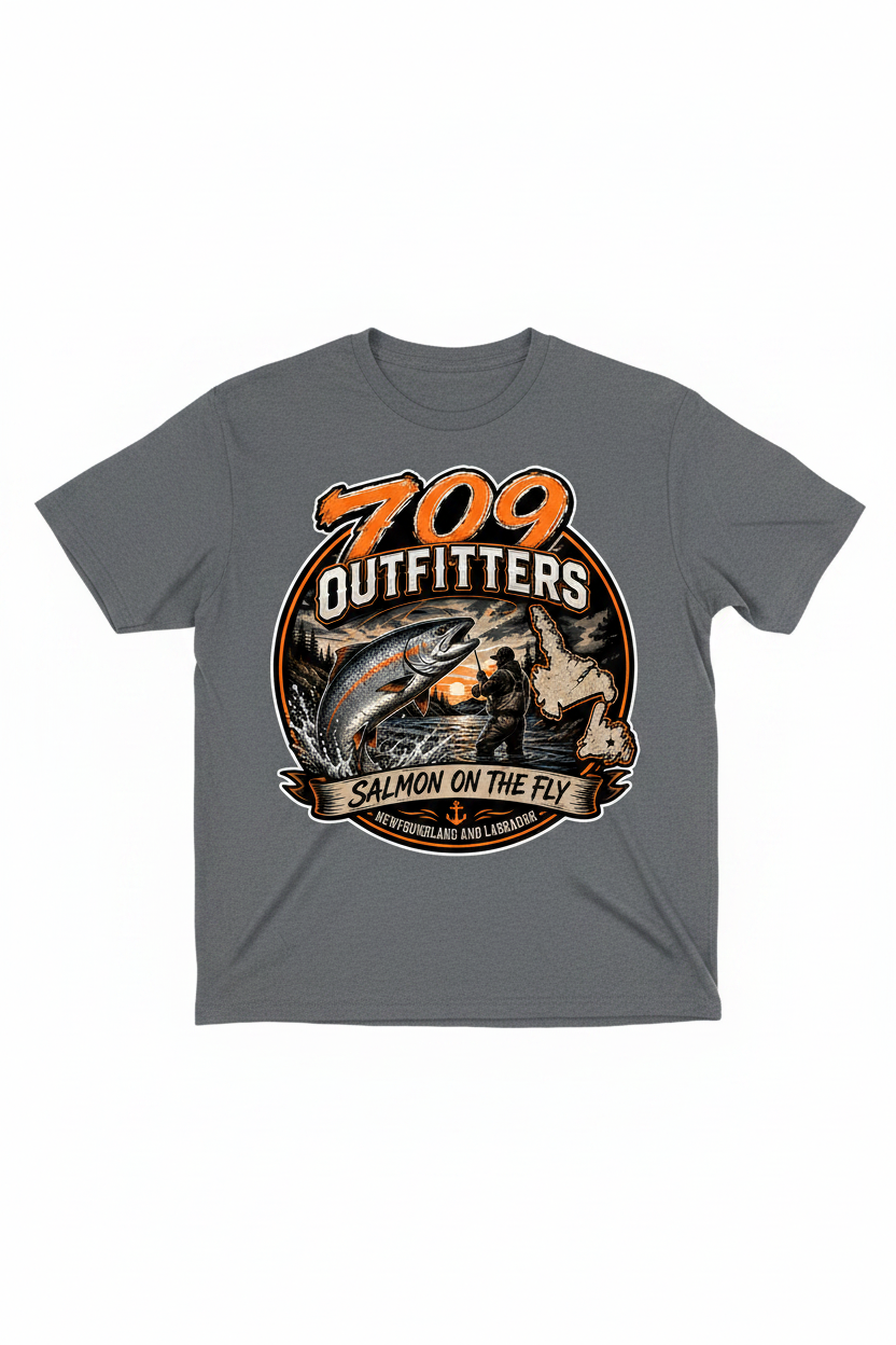Grey t-shirt with Salmon On The Fly logo